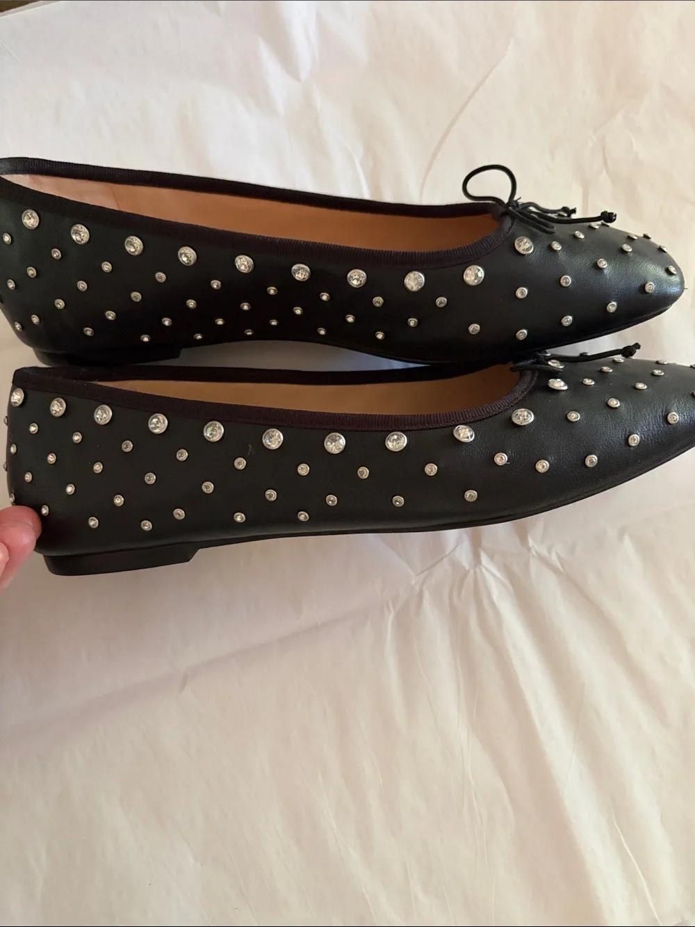 J.Crew Quinn Black Studded Square Toe Leather Ballet Flats with Crystal Accents